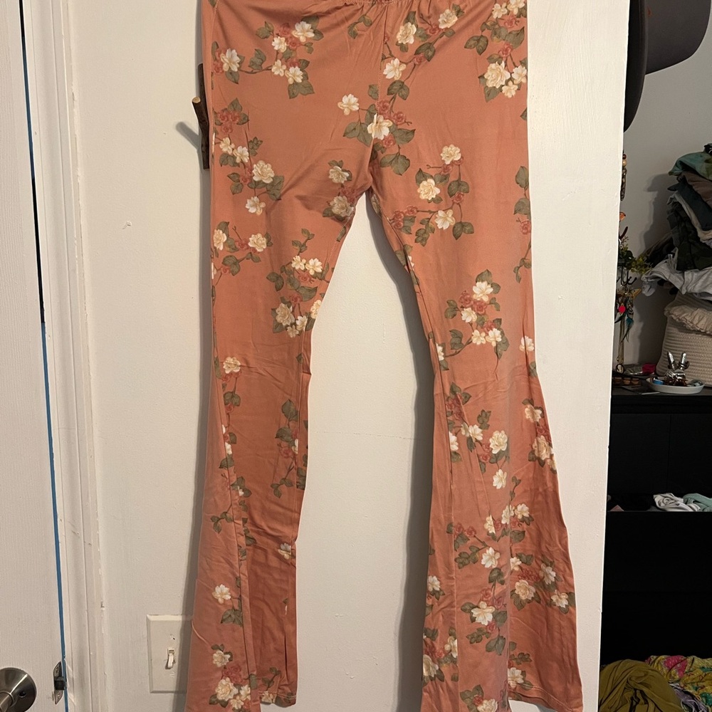 Three Bird Nest Peach Floral Flare Pants